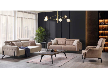 Beige woonkamer set Luxe 3x banken Stijlvolle gestoffeerde fauteuil 3-delig