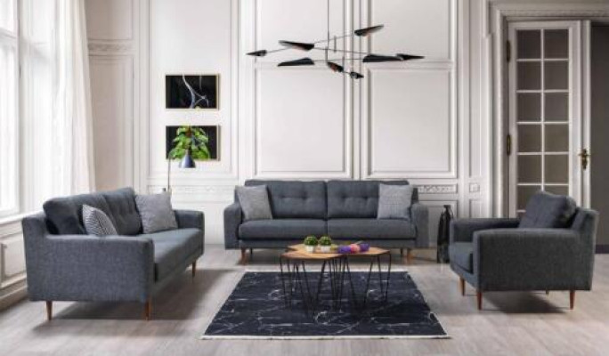 Grijze woonkamerset Luxe 2x textielbanken Designer gestoffeerde stoel