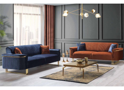 Blauw-oranje woonkamer bankstel set, designer stoffen banken, moderne meubels, 2 stuks.