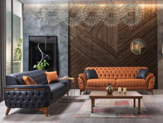 Chesterfield bankstellen Designer woonkamer set bekleding 2x textielbanken. Chesterfield bankstellen Designer woonkamer set met bekleding 2x stoffen banken.