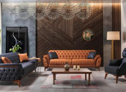 Zwart-oranje Chesterfield woonkamerset bankstellen fauteuils 4-dlg.