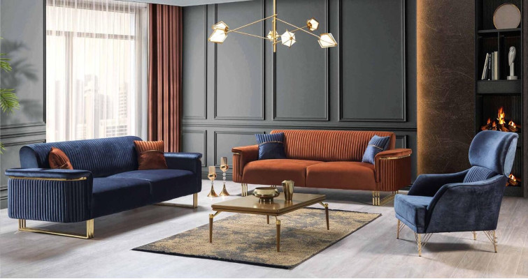 Blauwe woonkamer 3-zits luxe stoffen bank Elegante meubels
