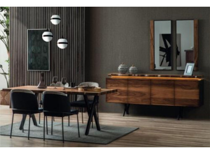 Volledige bruin-zwarte eetkamerset Designer houten eettafel gestoffeerde stoelen