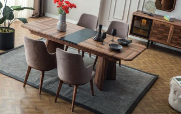 Complete eetkamerset, design eethoek, houten eettafel, 6 gestoffeerde stoelen.