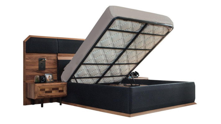 Bruin-zwarte houten slaapkamer set; tweepersoonsbed, 2 nachtkastjes, 3-delig.