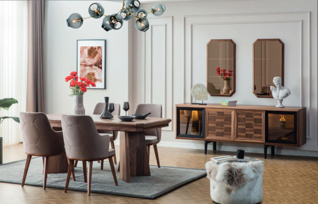 Complete eetkamerset, design eethoek, houten eettafel, 6 gestoffeerde stoelen.