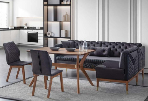 Zwart-bruine eetkamerset Chesterfield hoekbank design eettafel