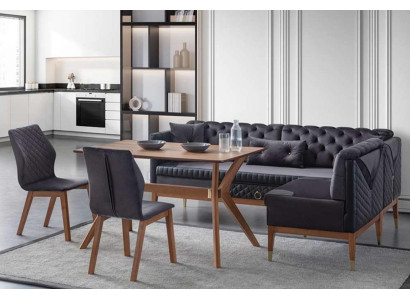 Zwart-bruine eetkamerset Chesterfield hoekbank design eettafel