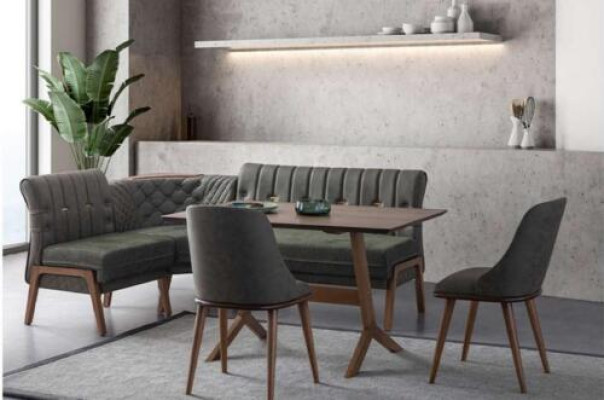 Grijze eetkamerset houten eettafel 2x gestoffeerde stoelen hoekbank 4-delige set