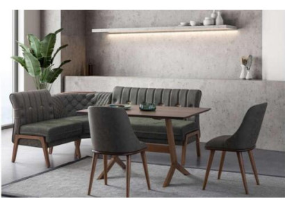 Grijze eetkamerset houten eettafel 2x gestoffeerde stoelen hoekbank 4-delige set