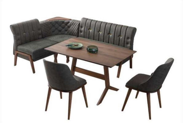Grijze eetkamerset houten eettafel 2x gestoffeerde stoelen hoekbank 4-delige set