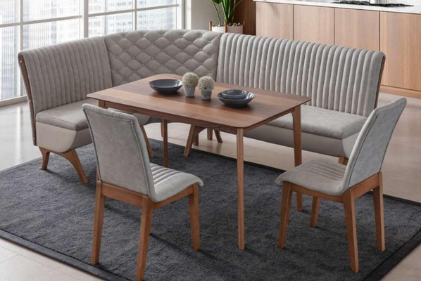 Ontwerper Lichtgrijze eetkamer set gestoffeerde hoekbank 2x stoelen eettafel