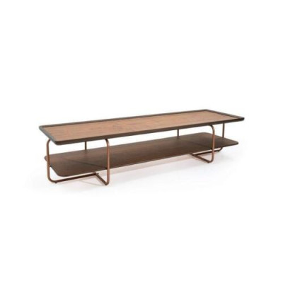 Bruine woonkamer houten salontafel met roestvrijstalen poten. Elegante salontafel.