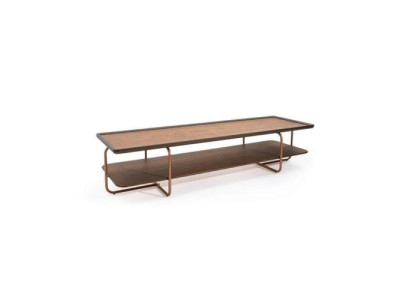 Bruine woonkamer houten salontafel met roestvrijstalen poten. Elegante salontafel.