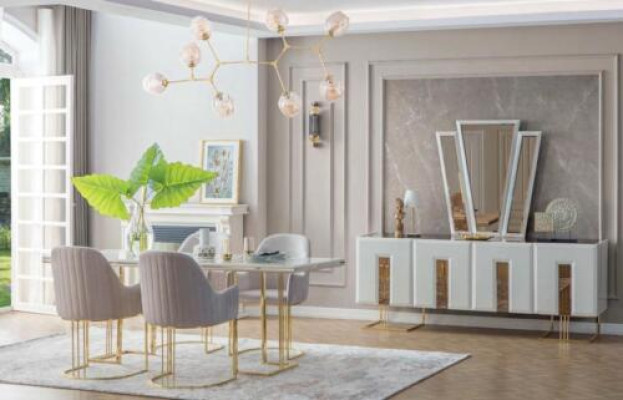 Stijlvolle eetkamerset Roestvrijstalen eettafel 6x stoelen Dressoir 8-delig