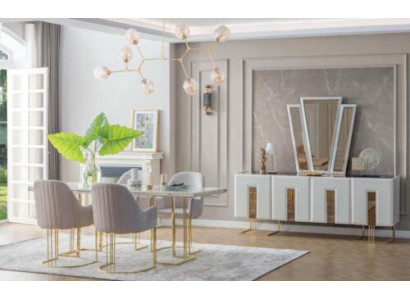 Stijlvolle eetkamerset Roestvrijstalen eettafel 6x stoelen Dressoir 8-delig