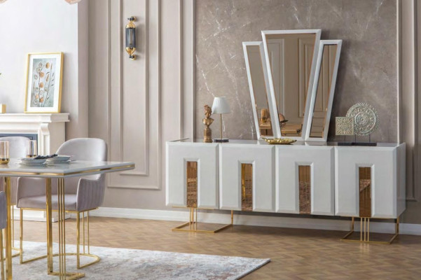 Stijlvolle eetkamerset Roestvrijstalen eettafel 6x stoelen Dressoir 8-delig