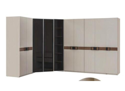 Moderne witte hoekkast, ontwerpregaal, houten kast, luxe meubels.