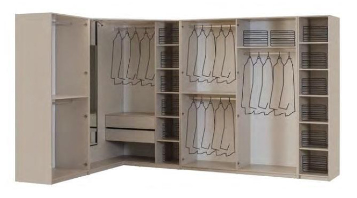 Moderne witte hoekkast, ontwerpregaal, houten kast, luxe meubels.