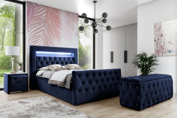 Donkerblauwe Chesterfield slaapkamer meubels LED-tweepersoonsbed nachtkastjes