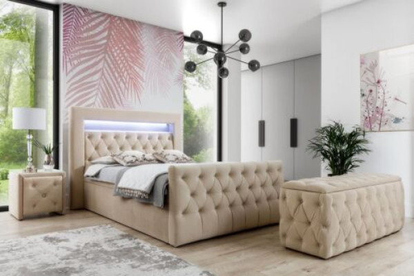 Beige Chesterfield slaapkamer set bed kruk 2 nachtkastjes