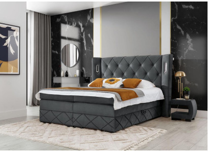 Slaapkamer bed dubbel textiel bedden bekleding compleet 2x nachtkastjes hout