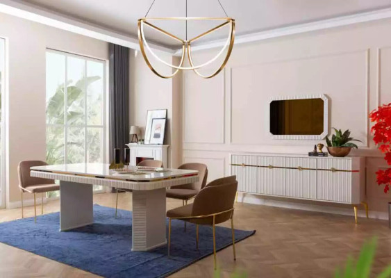 Eetkamer eettafel 6x stoel beige meubelset 7-delige luxe houten meubels