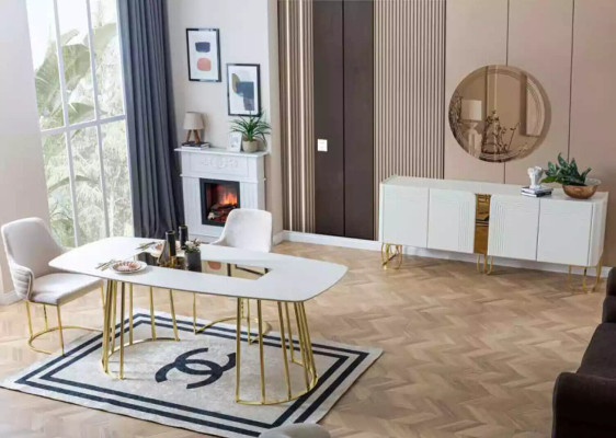 Eetkamer Set Tafel 6x Stoelen Dressoir Spiegel 9-delige Groep Set