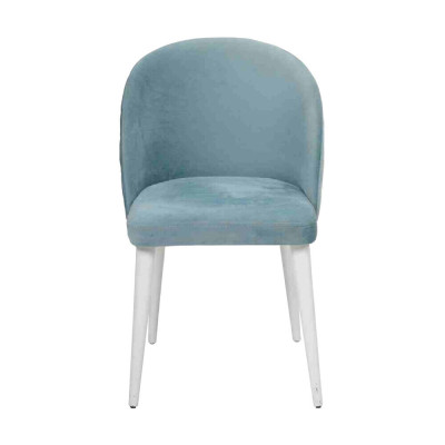 Moderne eetkamerstoel zonder armleuningen van hout, nieuw design gestoffeerde stoel, blauwe zitting.
