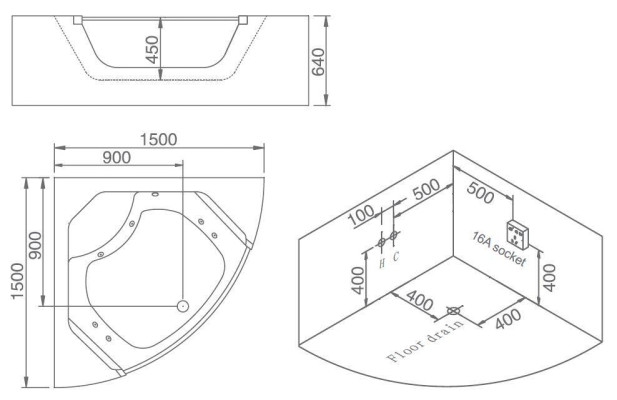 Whirlpool badkuip glas LED licht armaturen hoekbad badkuip