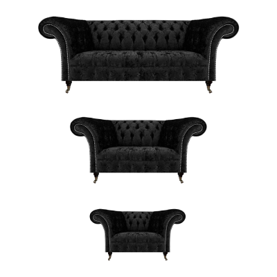 Luxe Zwart Compleet Chesterfield Bankstel Set Woonkamer Stoel Nieuw