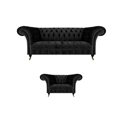 Zwarte volledig Chesterfield gestoffeerde luxe woonkamerinrichting.