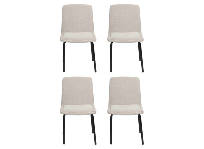 Set van 4 metalen eetkamerstoelen met stoffen bekleding en armleuningen.
