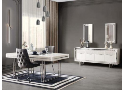 Volledige eettafel met 2 delen dressoir, uittrekbaar eettafel van wit hout.
