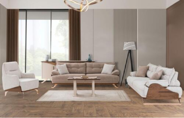 Sofaset Driepersoons Fauteuil Bank Stoffen Bankstel Beige 3-delig
