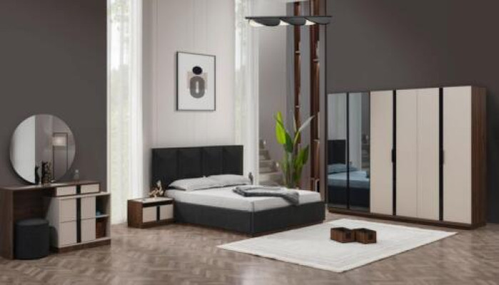 Complete tweepersoonsbed nachtkastjes kast beige 6-delige slaapkamer