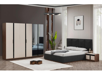 Garnituur Slaapkamer Tweepersoonsbed Bed Nachtkastjes Kast Grijs 4-delig