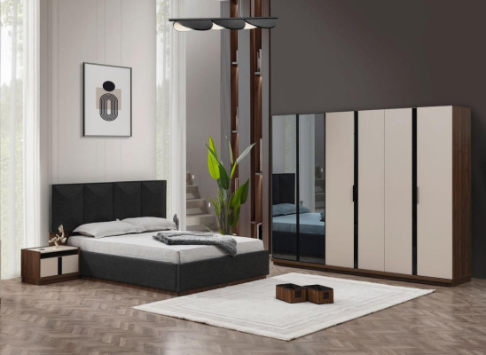 Garnituur Slaapkamer Tweepersoonsbed Bed Nachtkastjes Kast Grijs 4-delig