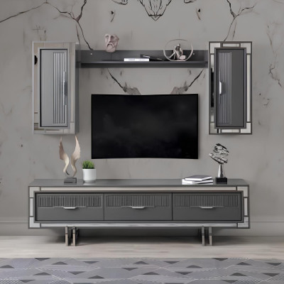 Wandmeubel tv-standaard kast salontafel RTV lowboard grijs set 3-delig.