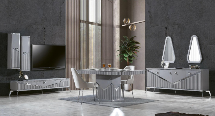 Grijze moderne eetkamerset 4x stoel spiegel dressoir rek 9-delig