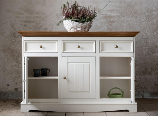 Landhuis woonkamer eetkamerset 8-delige set tafel dressoir stoelen vitrine meubels