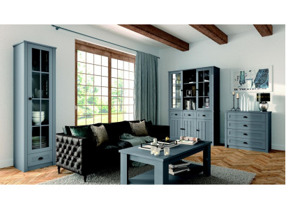Woonkamerset vitrine ladekast woonwanden ladekasten dressoir kast tafel 4-delig   Woonkamerset met vitrinekast, ladenkast, muurkasten, dressoir, kast en tafel van 4 delen