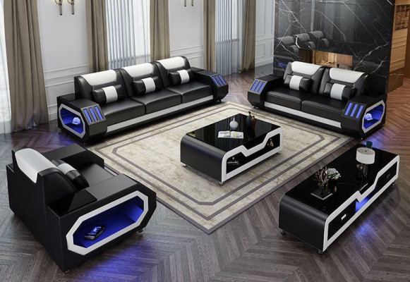Lederen bank bank bankstel 3+2+1 - Verlichte designbanken Nieuw