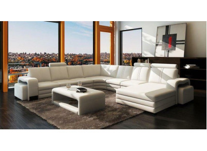 Hoekbank U-vorm + 2x poef + salontafel Bank Ontwerp Grijs Bekleding Leer