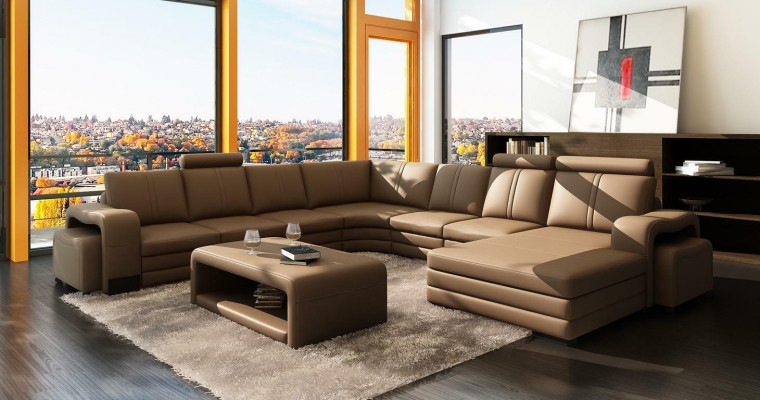 Hoekbank U-vorm + 2x poef + salontafel Bank Ontwerp Grijs Bekleding Leer