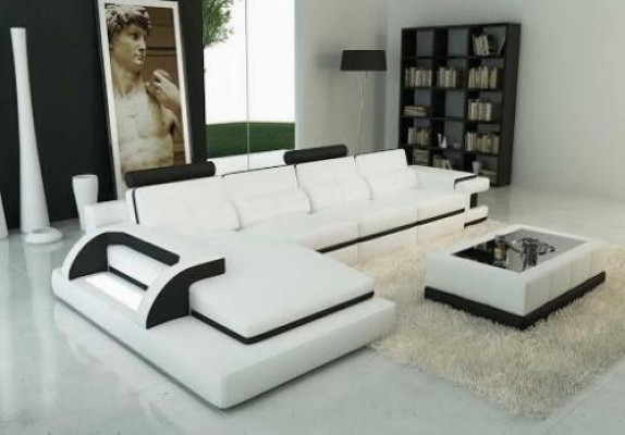 Hoekbank L-vorm Bank Bank Ontwerp Grijs Bekleding Leer Modern Verlicht
