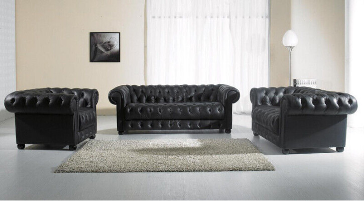 Chesterfield bankstel 3-zits designbank gestoffeerde bankstel set