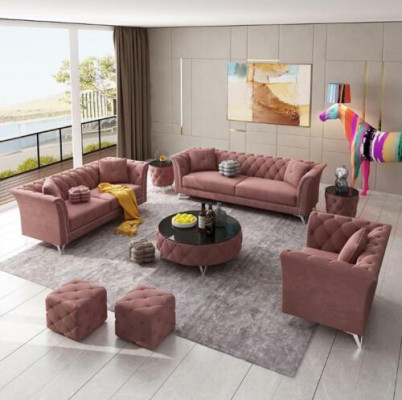 Chesterfield Set 8-delige set bankstel bekleding bijzettafel salontafel sofa