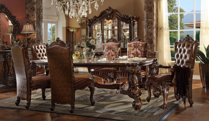 Bruine klassieke houten eettafel + Chesterfield x6 stoelen eetkamerset 7-delig set.