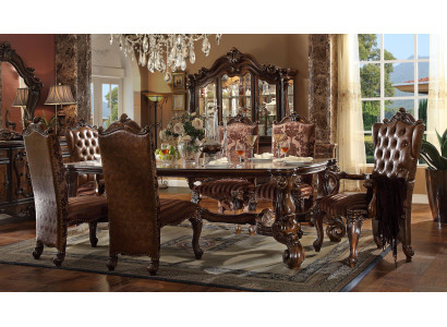 Bruine klassieke houten eettafel + Chesterfield x6 stoelen eetkamerset 7-delig set.